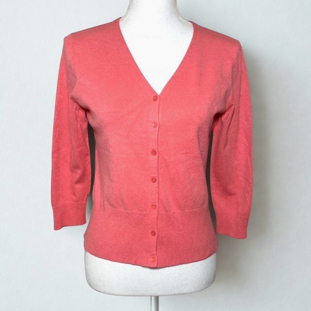 LOFT Pink Knit V-Neck Cardigan Sweater 3/4 Sleeve Women Medium‎